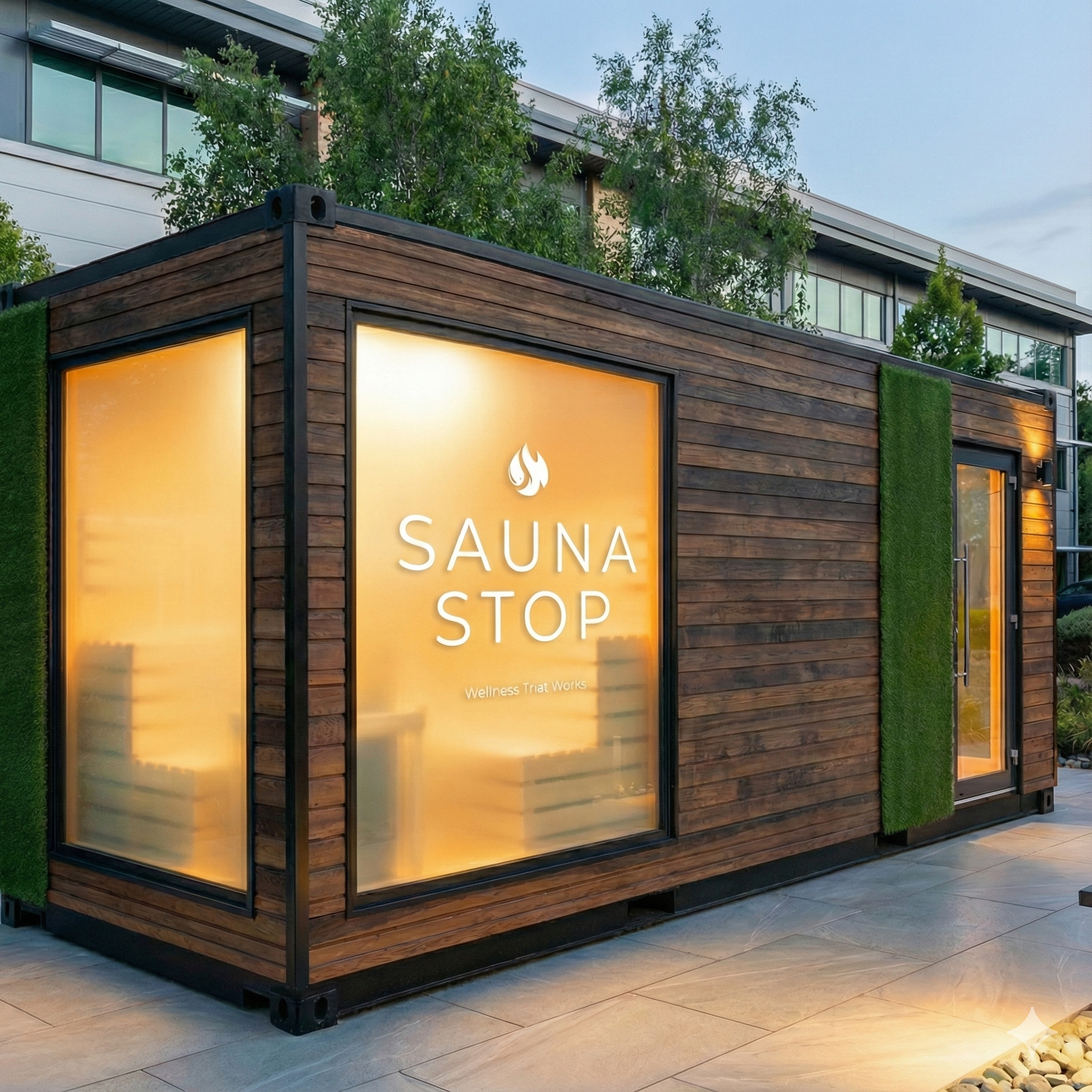 Turnkey outdoor recovery sauna pod with panoramic window for corporate wellness courtyards and office employee retention.