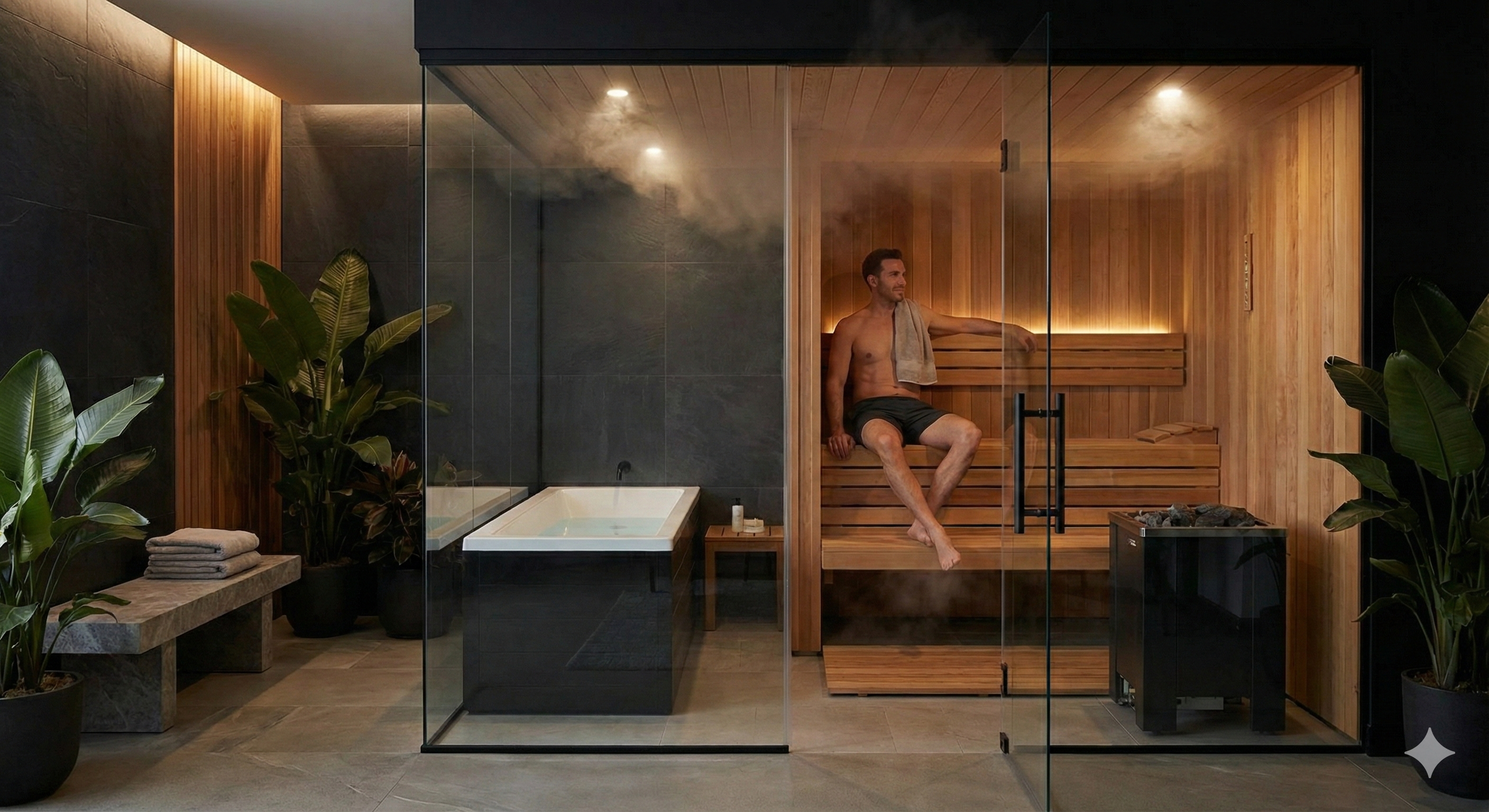 Modern office sauna and ice bath recovery suite for corporate wellness and employee retention.