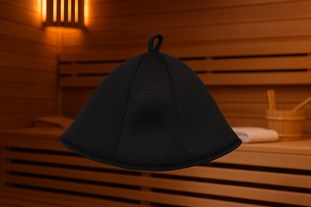 Close-up of breathable black sauna hat with top loop resting on a bench in a luxury sauna