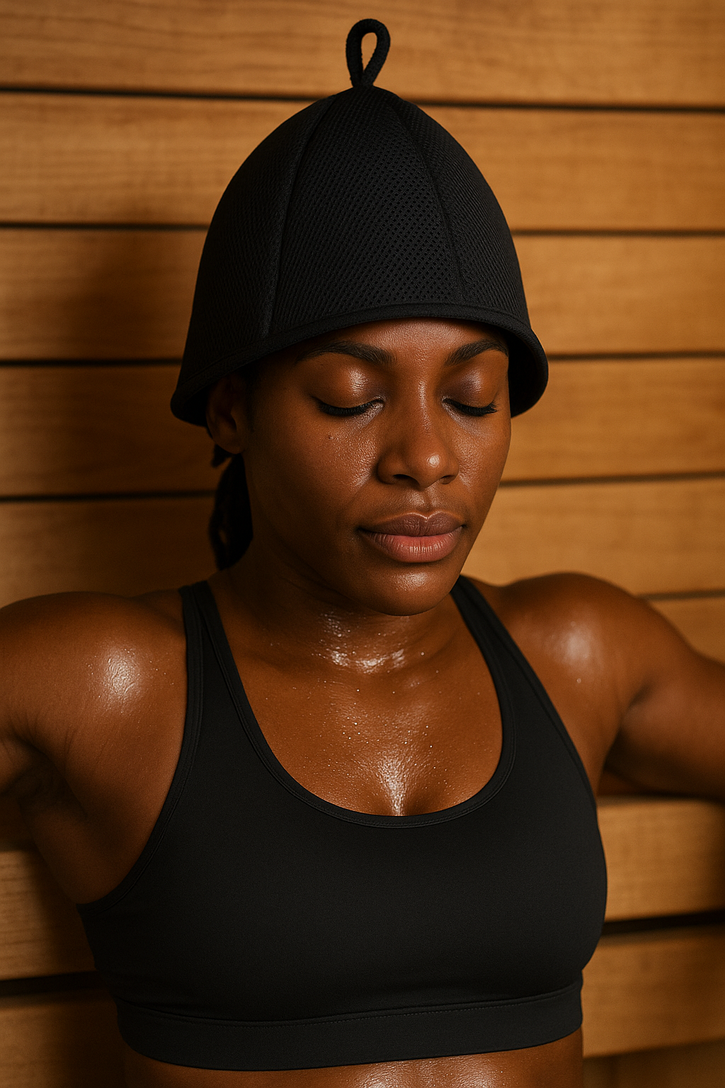 Double-layer mesh sauna hat showcased as part of a premium sauna recovery setup