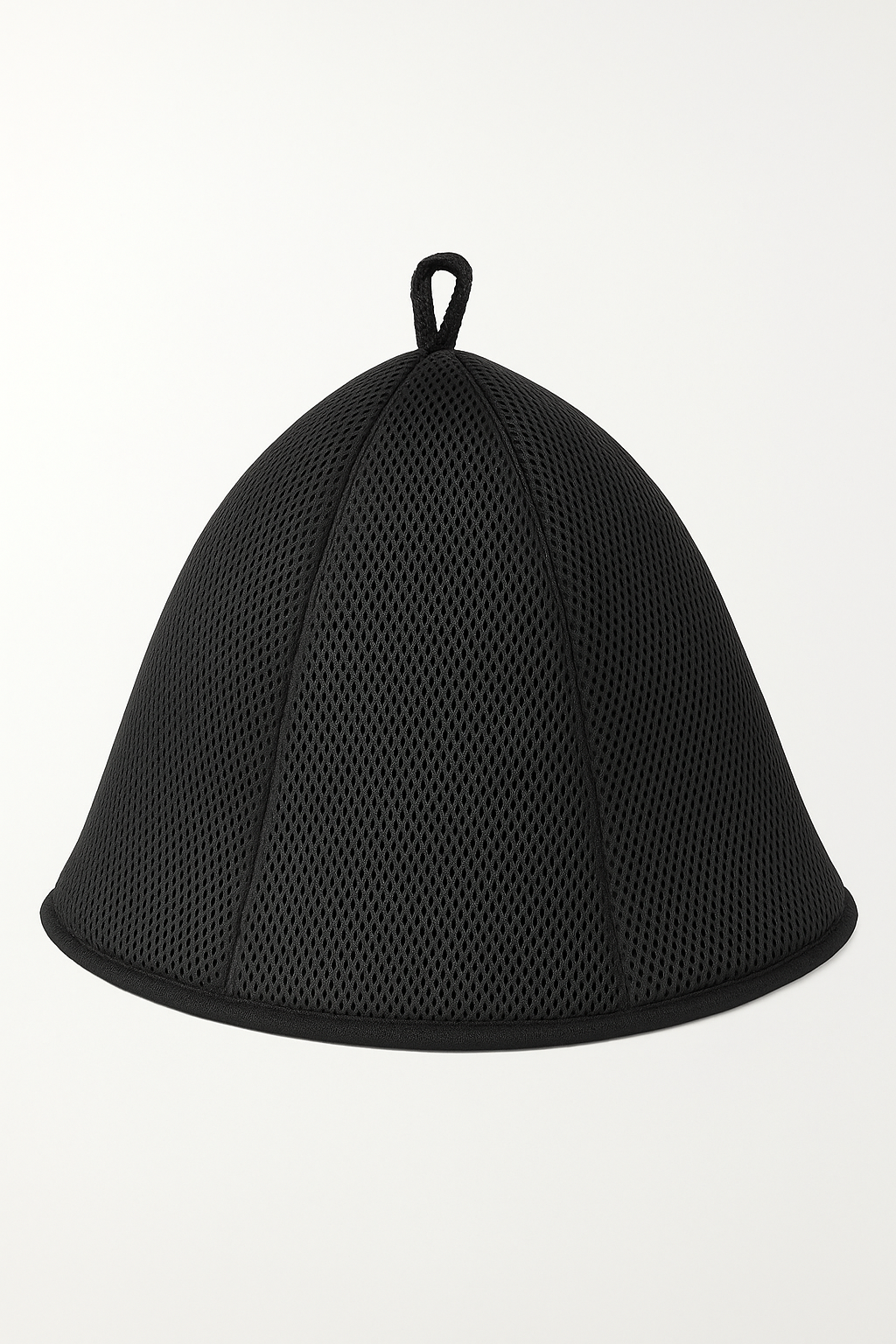 Black double mesh sauna hat on display in a wooden sauna with warm ambient lighting